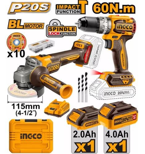Kit Esmeril + Taladro Percutor Inalambrico Brushless Ingco