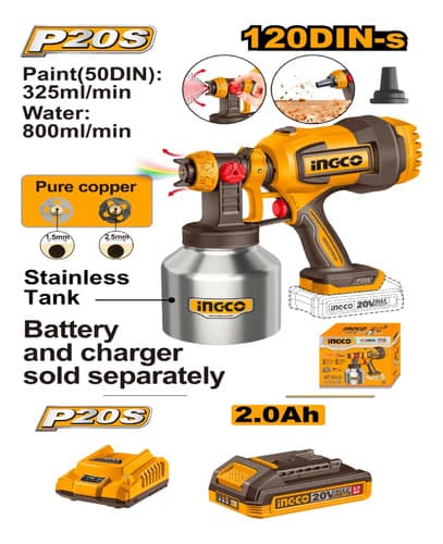 Pistola De Pintar A Bateria 20v Tanque Inox. + Bateria Ingco Naranja Claro