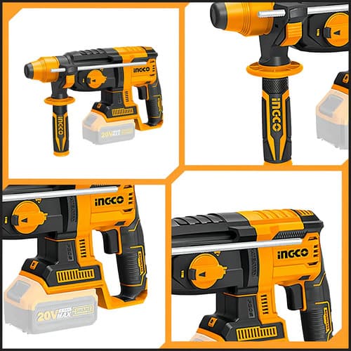 Rotomartillo Inalámbrico Industrial Con Adaptador De Mandril (4 Funciones) 2 Baterías 4ah Cargador Rápido Ingco Amarillo 50hz/60hz