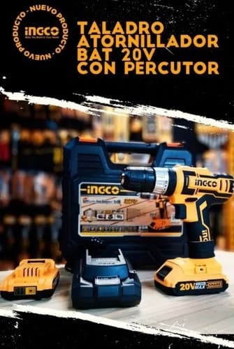 Taladro Percutor Ingco 20v, 10mm, 45n/m, 2 Baterias Amarillo 20v
