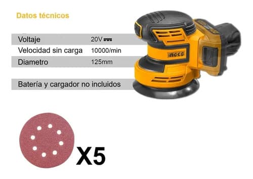 Ingco Lijadora Rotorbital Inalambrica Ionlitio 20v 10000rpm Color Amarillo