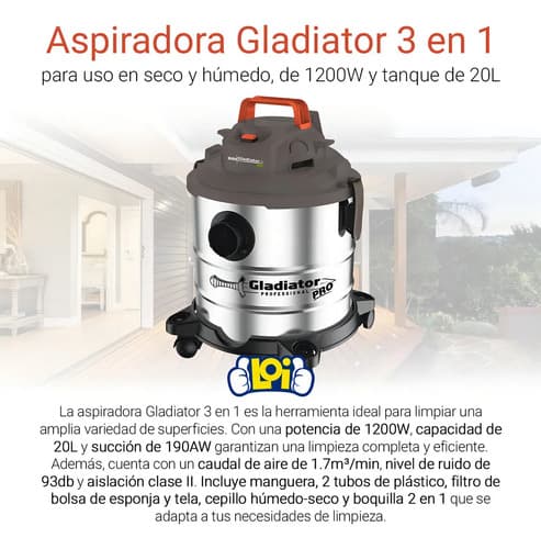 Aspiradora Tipo Industrial Gladiator Pro 3 En 1 Tanque 20l Plateado