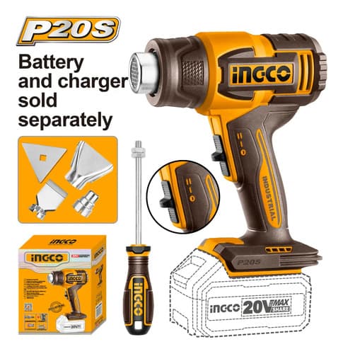 Pistola De Calor A Batería P20s 20v S/bat Ingco Hgli2006 Naranja Claro