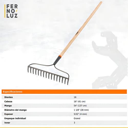 Rastrillo Curvo 16 Dientes Acero Jardinero Cabo 50cm Truper
