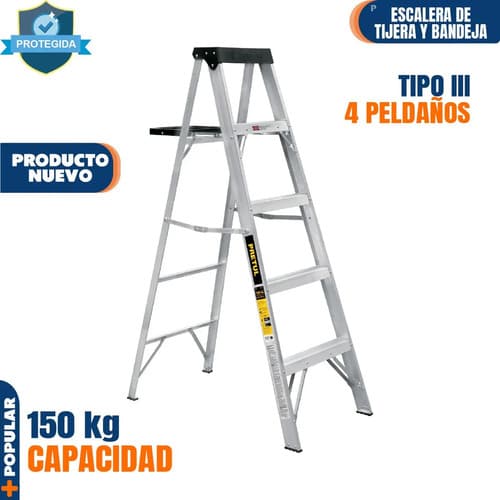 Escalera De Tijera Tipo Iii 4 Escalones Bandeja Pretul 20687 Plateado