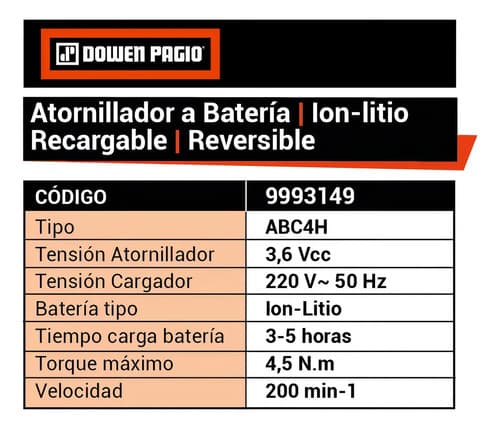 Atornillador A Bateria Dowen Pagio Reversible 3.6v Litio Naranja 50 Hz