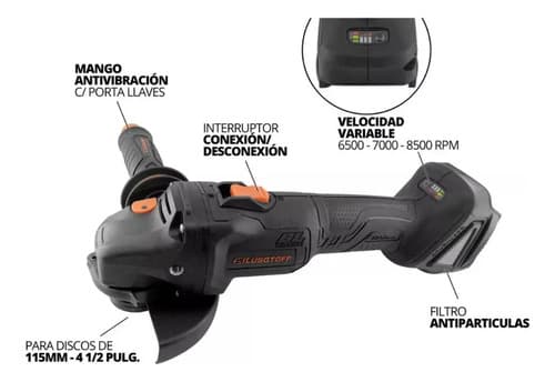 Amoladora Angular Inalambrica Lusqtoff Black Series 2 Bateri - Negro - 18 V