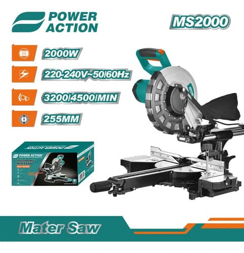 Sierra Ingletadora Power Action 2000w 255mm Cian Con Avance 220v Doble Velocidad 50 Hz