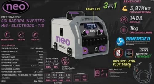 Soldadora Mig Flux Inverter Mma Tig 140a Neo Next Fx140 Pro Gris