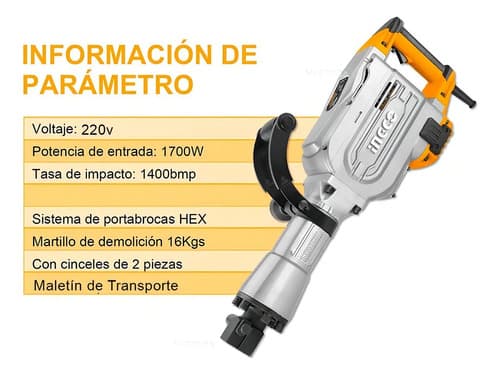 Martillo Demoledor Ingco 1700w 50j 16kg . Pdb17008 - Smf Color Gris