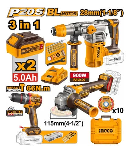 Kit Taladro Percut 20v +amoladora +rotomartillo +2 Bat Ingco