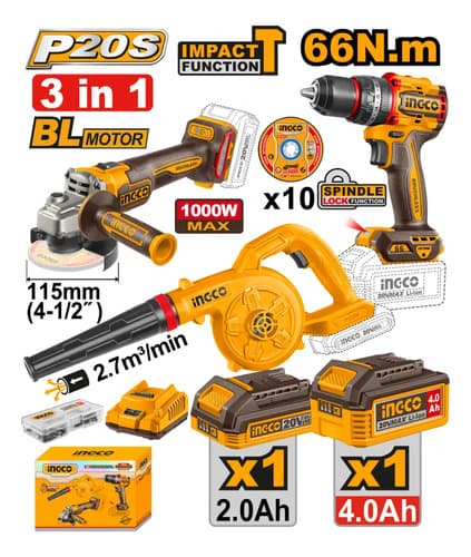 Kit Ingco A Batería P20s 20v Amoladora Taladro Sopladora