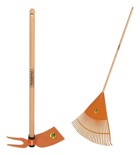 Kit Jardineria Escardillo + Escoba Jardin Naranja Tramontina Madera