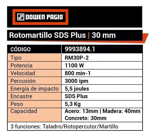 Rotomartillo Electroneumático Dowen Pagio Rm30p-2 Naranja Con 1100w De Potencia 3 Funciones 50