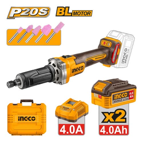 Amoladora Recta 20v 6mm + 2 Bat 4.0ah + Valija Ingco Naranja Claro 20