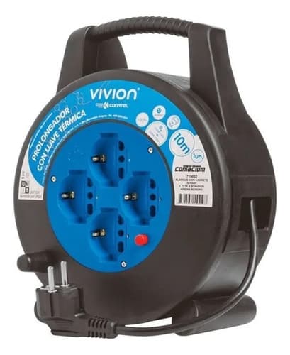 Alargue Carrete Enrollador 10 Metros - 4 Tomas Shucko Vivion Negro