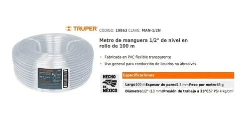 Manguera 1/2 Pulgada De Nivel Truper 19863 Color Transparente