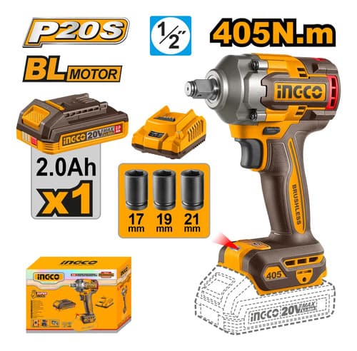 Llave Impacto Ingco 20v 405nm 1/2 Con Bat Y Carg  Ciwli20455 Naranja Claro 20v