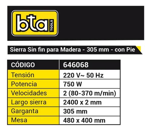 Bta Tools 646068 Sierra Sin Fin Pie Para Madera Garganta 305 Mm