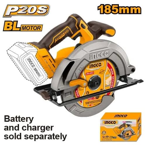 Sierra Circular Ingco 20v A Bateria, 185mm, P20s, Csli1851 Naranja Claro 20v