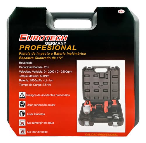 Llave Impacto Reversible Enc. 1/2 + 1 Batería 20 V. | 500 Nm | 2500 Rpm | Eurotech Rojo