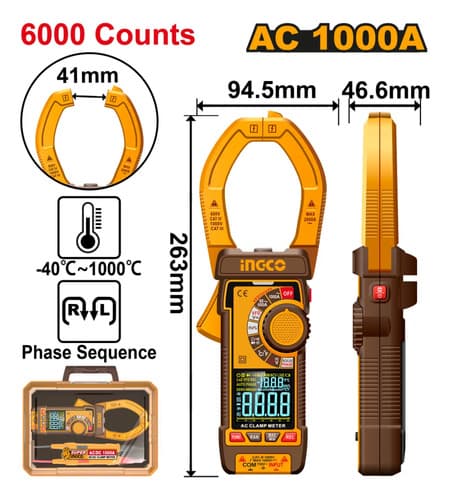Pinza Amperimétrica Digital Ac 1000a Ingco Dcm610001