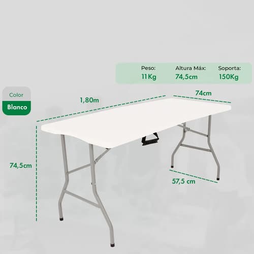 Mesa Plegable Picnic Con Asa Portátil 1,80mts Camping Catering Plastica Blanco