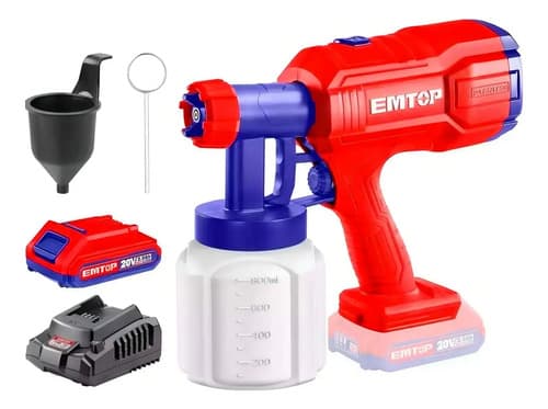 Pistola Para Pintar Eléctrica Emtop 20v Con Cargador Y Batería Rojo
