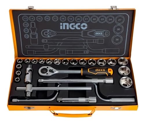 Juego Dados Tubo 24 Pcs 1/2 Ingco Crique + Valija Metalica Naranja