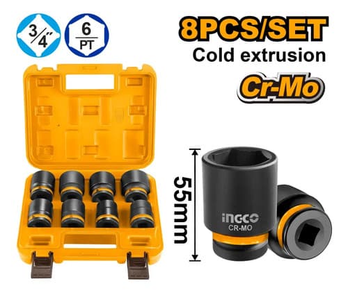 Valija 8pcs Juego Dados Impacto 3/4  55mm Ingco Hkissd34081