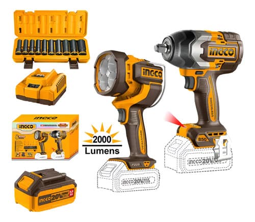 Kit Llave Impacto P20s 20v C/linterna Y Kit Dados Ingco Naranja