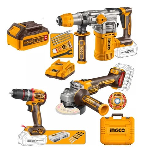 Kit Taladro Percut 20v +amoladora +rotomartillo +2 Bat Ingco