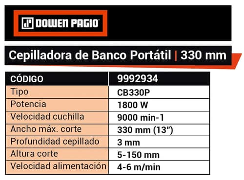 Cepilladora De Banco 330mm Dowen Pagio Profesional 9992934 Naranja