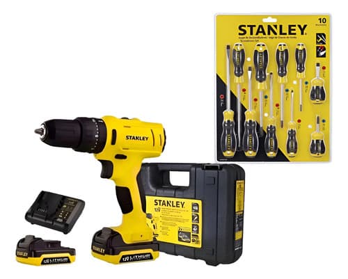 Taladro Atornillador Ina + Jgo. Destornilladores X10 Stanley - Amarillo Con Negro - 50-60