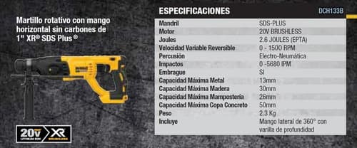Rotomartillo Sds Plus 1 Pul 20 V Inalambrico Dewalt Dch133b Amarillo/negro