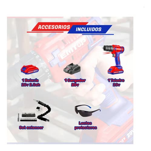 Taladro Atornillador Inalámbrico 20v Emtop Con Set Accesorios Y Lentes Rojo 60