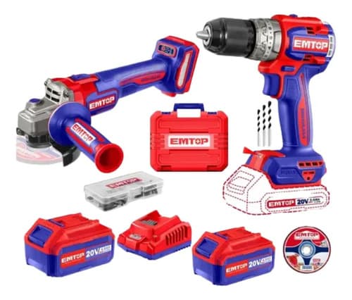 Kit Combo Taladro Percutor 66nm + Amoladora 115 Mm Brushless 2 Baterias 4ah Emtop Maletin Y Accesorios Emtop