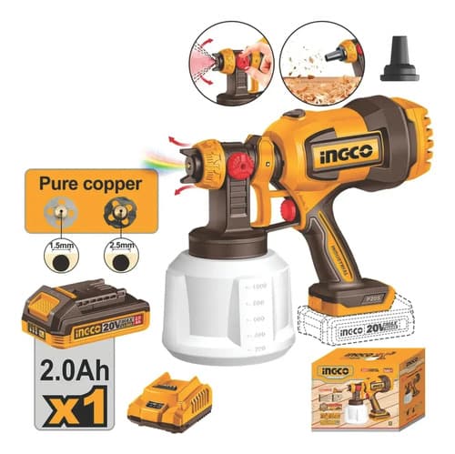 Pistola Para Pintar Inalámbrica Ingco 20v Con Batería Y Cargador, Kit Completo De 1 L Naranja Claro