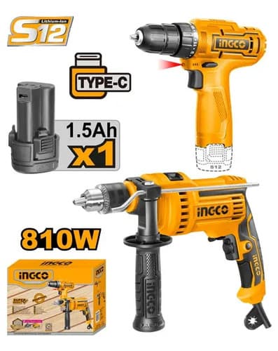 Kit Ingco Atornillador 12 Volt + Taladro 810w C/percutor