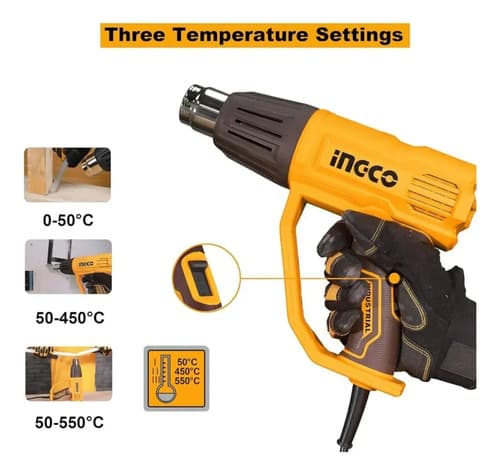 Pistola De Calor Ingco Y Taladro Inalámbrico 12v Con Kit De Accesorios Amarillo