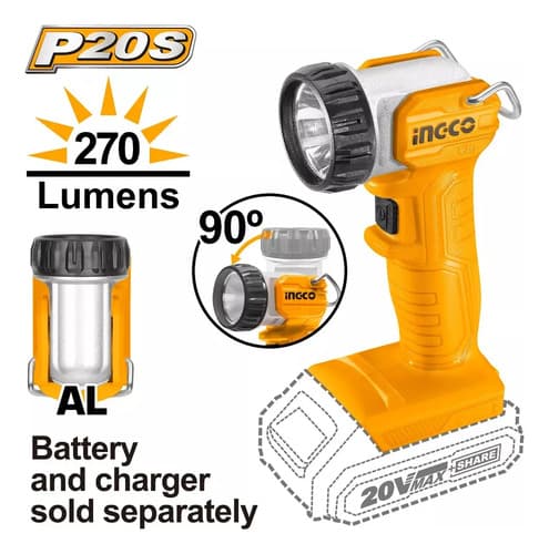 Linterna 20v A Bateria 270 Lumens Ingco Cwli2038 Blanco Amarillo