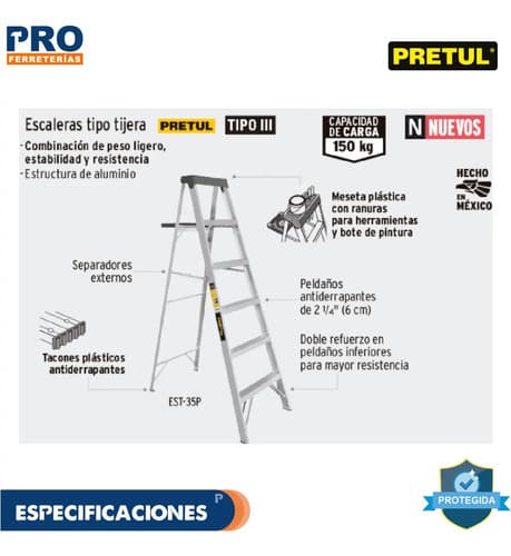 Escalera De Tijera Tipo Iii 4 Escalones Bandeja Pretul 20687 Plateado