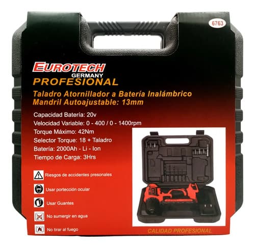 Taladro Atornillador 13mm. 42nm 1400rpm + Batería 20v. + Puntas Mechas | Eurotech Rojo