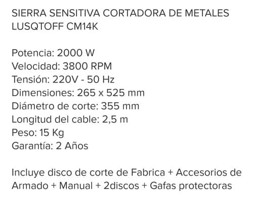 Sensitiva Lusqtoff 2000w, 355mm, 3 Discos Y Guantes