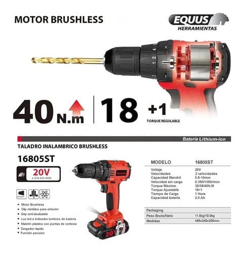 Taladro Atornillador Inalambrico Equus Brushless 20v Color Rojo Frecuencia 0