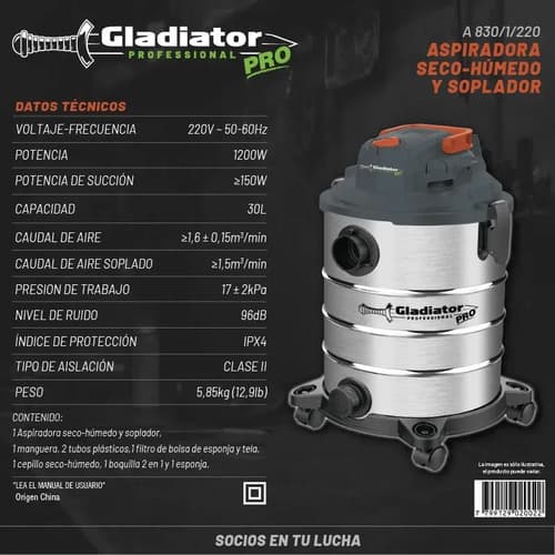 Aspiradora Seco-húmedo 30l Gladiator Pro Plateado