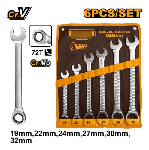 Juego De Llaves Combinadas 6 Pc Ingco 19 A 32 Mm Con Criquet Plateado