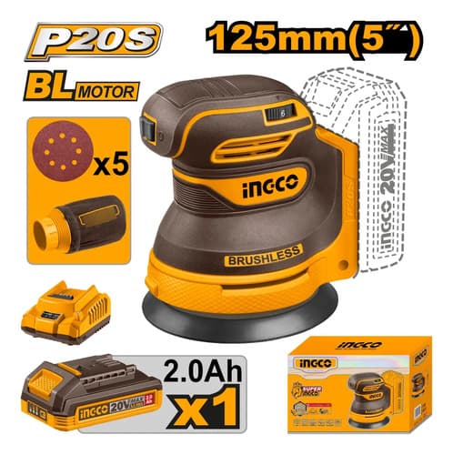 Lijadora Roto Orbital 20v + 5 Lijas + Bateria Y Cargad Ingco Naranja Claro