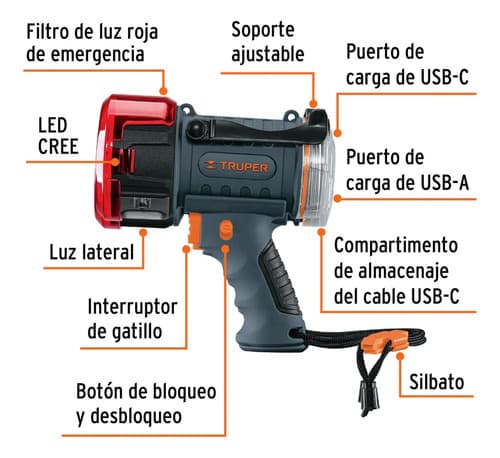 Foco Truper / 2000 Lúmenes / Recargable / 12 H De Duración Color De La Linterna Negro Color De La Luz Blanco Y Rojo