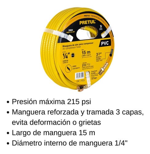 Manguera De Pvc Para Compresor, 15 M X 1/4 , Pretul 20664 Color Amarillo